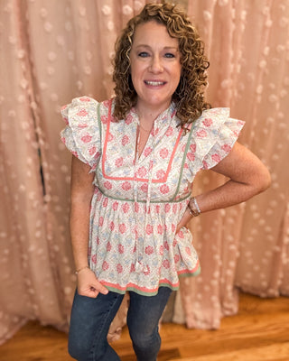Bloom And Flutter Floral Ruffle Sleeve Top - The Southern Loft
