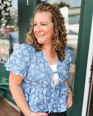 Bloom & Bow Floral Embroidered Peplum Tie Top - The Southern Loft