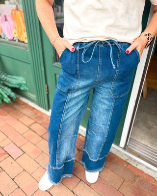 Denim Done Easy Drawstring Raw Hem Wide Leg Jeans - The Southern Loft