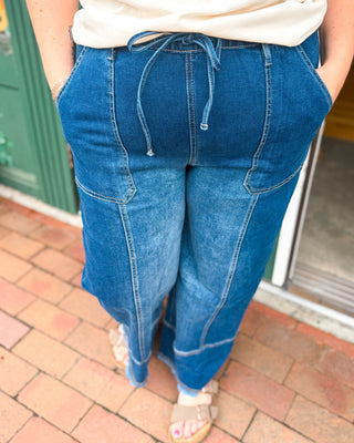 Denim Done Easy Drawstring Raw Hem Wide Leg Jeans - The Southern Loft