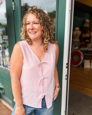 Easy Breezy Sleeveless Striped Vneck Bow Tie Top - The Southern Loft