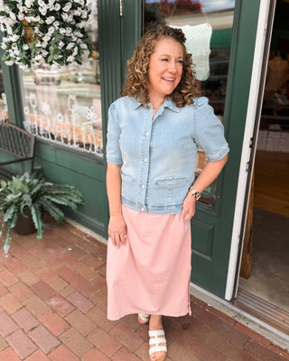 First Class Views Pearl Button Denim Top - The Southern Loft