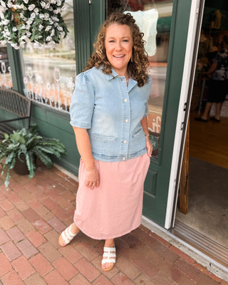 First Class Views Pearl Button Denim Top - The Southern Loft
