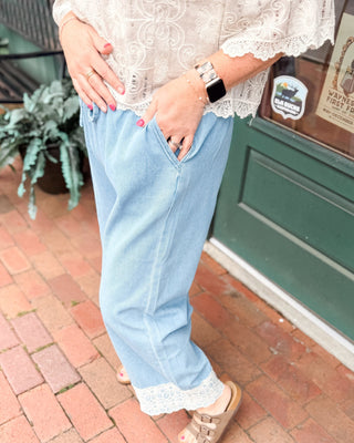 Flower Lace Trim Washed Denim Drawstring Pants - The Southern Loft