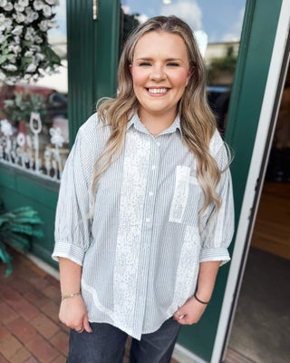 Lace & Lines Striped Oversized Button Down Top - The Southern Loft
