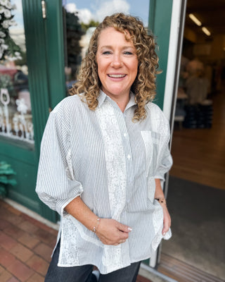 Lace & Lines Striped Oversized Button Down Top - The Southern Loft