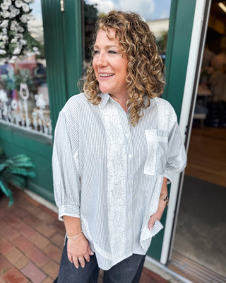 Lace & Lines Striped Oversized Button Down Top - The Southern Loft