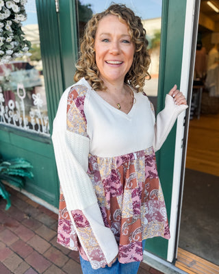 Orchard Oasis Paisley Patch Waffle Knit Top - The Southern Loft
