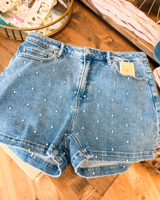 Risen Curvy Slouchy Embroidered Dot Denim Shorts - The Southern Loft