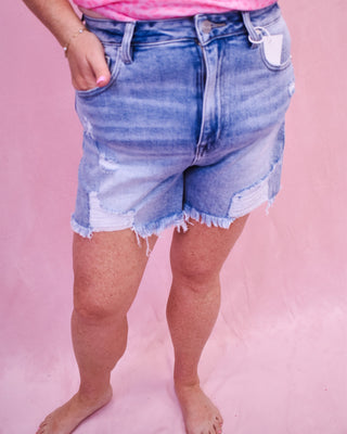 RISEN Distressed Mid Thigh Denim Shorts - The Southern Loft