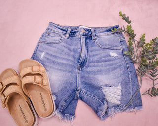 RISEN Distressed Mid Thigh Denim Shorts - The Southern Loft