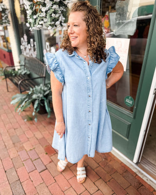 Simple Sway Ruffle Sleeve Denim Dress - The Southern Loft
