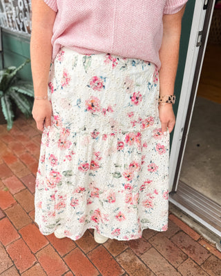 The Julie Crochet Eyelet Floral Midi Skirt - The Southern Loft
