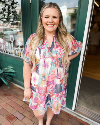 Watercolor Bloom Drop Hem Babydoll Dress - The Southern Loft