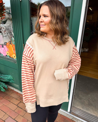 Weekend Well Spent French Terry Raw Trim Striped Pullover - The Southern Loft