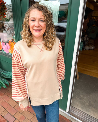 Weekend Well Spent French Terry Raw Trim Striped Pullover - The Southern Loft