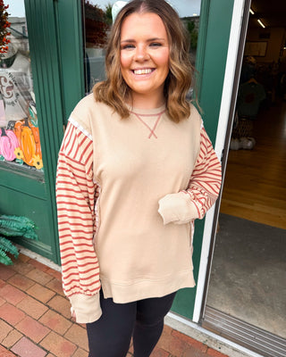 Weekend Well Spent French Terry Raw Trim Striped Pullover - The Southern Loft