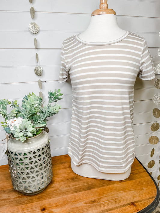 A casual striped basic crew neck tee in a taupe color